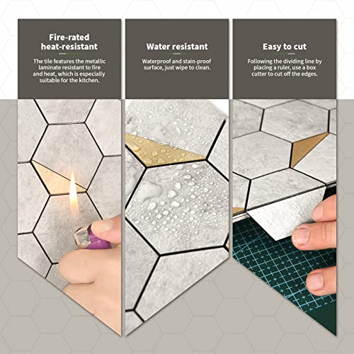 Longking 1-лист кора и залепување на задниот дел за кујната, сивата самолеплива плочка хексагона мозаична плочки за кујна, суети