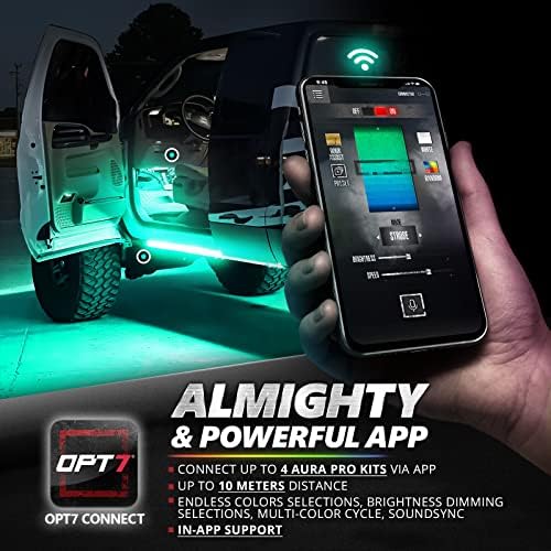 OPT7 Aura PRO Bluetooth Внатрешен Автомобил Светлосен Комплет, 4pc ЕДЕН Ред RGB LED Лента, w/Soundsync, Помош На Вратата, Мулти Боја n Режим