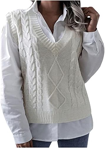 lcziwo џемпер елек за жени трендовски v вратот без ракави џемпери паѓаат проверка на кабел плетен цврст основен лесен лабав резервоар