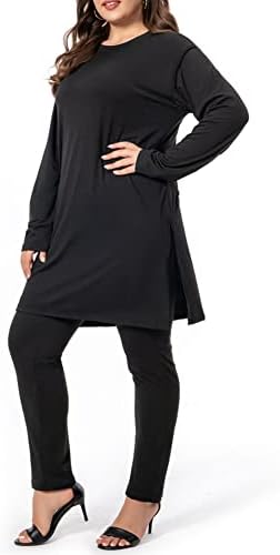 Плус големина на две парчиња облека за жени џогер поставува врвови со долги ракави, панталони со цврста боја, цврсти сетови за ладење