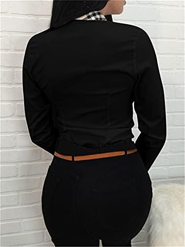 Angongnywell женски долг ракав V врат шифон блузи со врвови на врвови на копчињата за деловни кошули печатени кошула со повеќебојни