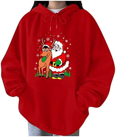 Женски дуксери пулвер со долг ракав класичен пуловер со качулка опуштена атлетска женска маичка Божиќна маичка