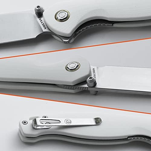 Vosteed Labrador преклопен нож за џеб за мажи со мажи со 3,74 инчи 154см сатен сечило, нож на EDC Flipper со бела рачка G10 и клип за