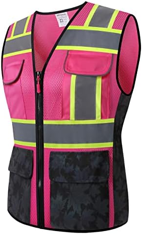 Рефлексивен безбедносен елек RSMINUO за жени, висока видлива мрежа за дишење дами работна облека со џебови и патент