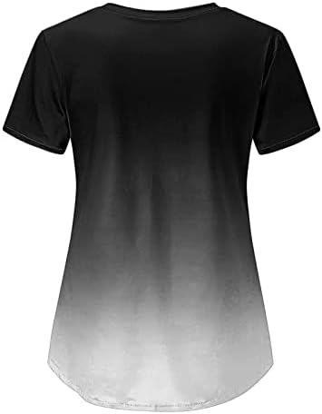 Женски маички за кратки ракави со кратки ракави со џеб летни модни градиентски манжетни манжетни обични лабава работна облека униформа