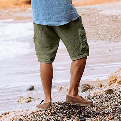 Машки ленени карго шорцеви 7инч летни обични еластични шорцеви од половината за влечење шорцеви од плажа се релаксираат спортови