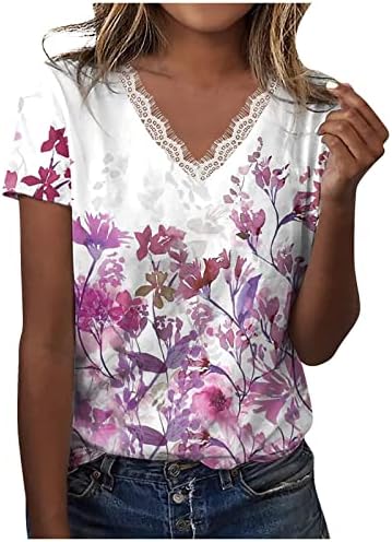 Чипка за чипка V-врат за врвови за жени, летни маици со краток ракав мода цветни печатени Y2K врвови лабава маица обични блузи
