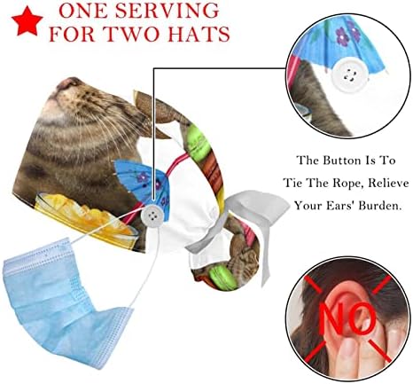 2 ПЦС медицинска сестра за чистење жени долга коса, мачка смешна прилагодлива работна капа со копче и џемпери разнобојно