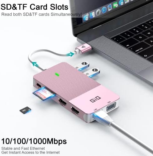 USB докинг станица GIQ USB C HUB USB 3.0 до двојно HDMI VGA адаптер Трикратен дисплеј USB C лаптоп Докинг станица Двојна дисплеј компатибилен за
