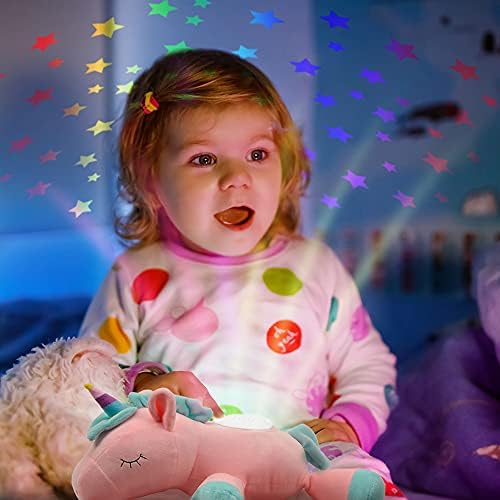 Играчки играчки starsвезди ноќна ноќна светлина со проектор со смирувачки звуци, приспивни и бели бучава сума за деца, расадник декор, полнето животно еднорог, розова