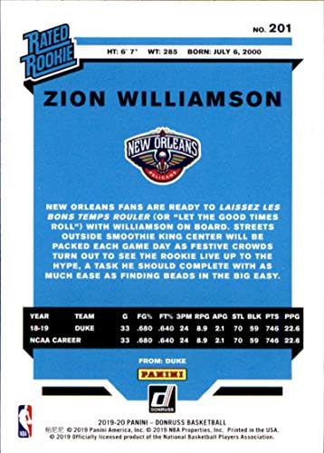 2019-20 Кошарка на Донус 201 Зион Вилијамсон Newу Орлеанс Пеликанс РЦ со оценка за дебитант официјална трговска картичка во НБА од Панини