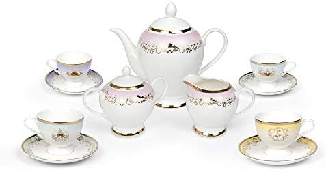 Сет на керамички чај од Дизни принцеза 13-парчиња | Ариел, Пепелашка, Јасмин, Бел, Аурора | Подарок за чај за забава за домашна кујна