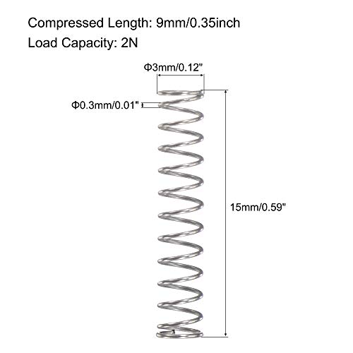 Uxcell Compression Spring, 304 не'рѓосувачки челик, 3мм OD, големина на жица од 0,3мм, компресирана должина од 9 мм, 15мм бесплатна