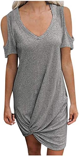 Mokfe краток ракав за женски ладен рамо на рамото, искривени набори, обични мини фустани за маици