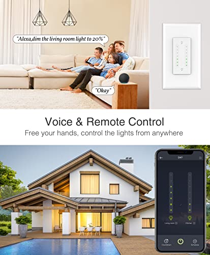 Ghome Smart Dual Dimmer Switch компатибилен со Alexa Google Home, 2,4GHz Wi-Fi прекинувач за затемнети LED CFL INC светилки, заштеда на простор, потребна е неутрална жица, 1 пакет, бело