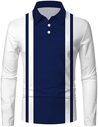 Машки поло маици, пролетен долг ракав шарена крпеница копче вратот голф врвови мускули тенок фит спортска кошула