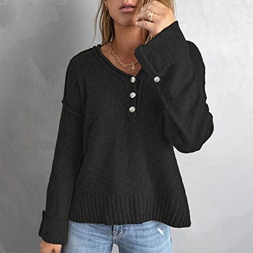 Chintенски плетен џемпер v врат -џемпер, случајно копче со долг ракав, Хенли пуловер џемпери преголеми есен зимски скокач врвови
