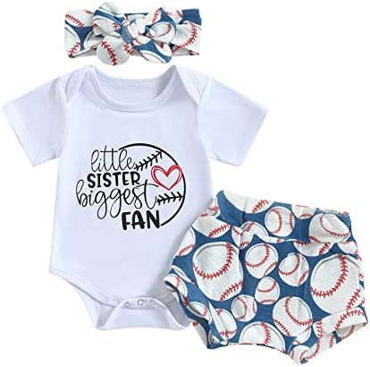 ОМКЗАНБИ новороденче Бебе девојче Бејзбол облека Мала сестра Најголем фан Ониш Бејзбол Блумс Шорцеви 3 парчиња симпатична летна облека