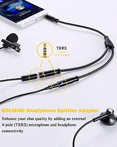 Сплитер за слушалки Solmimi 3,5 mm TRRS стерео аудио y сплитер плетенка со 4 пол-пол до 2-женски двојни слушалки за сплитер адаптер