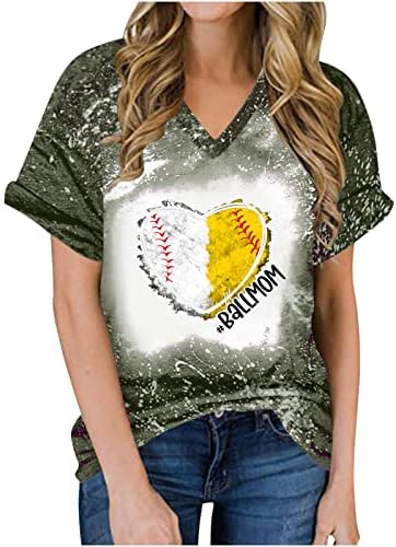 Бејзбол срцеви кошули за жени обични v-вратот краток ракав лабава маица блуза за блуза за мама