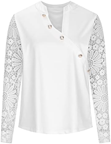 Womenените врвови и блузи модни чипка за намалување на долги ракави на долги ракави нагоре V-врат плус големина цветни кошули маици пуловер