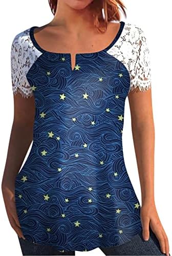 Womenените врвови облечени летни летни чипка кратки ракави Сплит вратот Туника лабава графичка печатена маици Основна блуза за мета