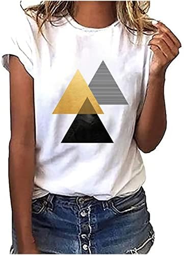 Кошули за жени геометриски шема печатени кратки ракави маички врвни екипаж лабави меки летни блузи врвови кошули