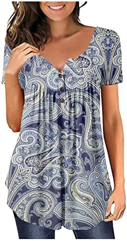 Women'sенски врвови за туника да се носат со хеланки Хенли кошула плус плетено копче Обичен О-врат лабава маици блуза Топ