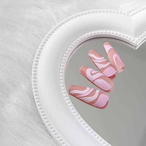 Фурубета Прес на ноктите долги ковчези Француски лажни нокти Целосно покритие розови акрилни нокти за жени и девојчиња 24 парчиња