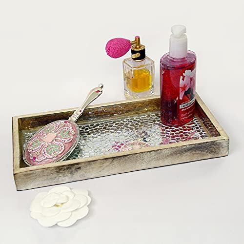 Држач за таблички на мозаик Nusteel во природно дрво и сребро мозаик за хартиени крпи, декор за бања, тркалачка лента
