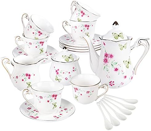 Fanquare 21 парче порцелански чај сет за возрасни, кафе за кафе за 6, бел чај забава поставена со розови цвеќиња, зелени пеперутки