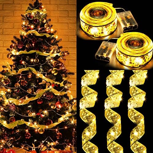 Yunsailing 2 ролни Божиќни ленти за Божиќни ленти злато 65,6ft 200 LED светла со двојно слој бакарна жица лента лакови самовила светла