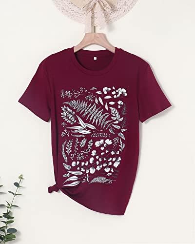 Womenените лето ботаничка графичка маица со диви цвеќиња лабава цветна печатена блуза врвна девојка цвет кратко ракав случајна мета