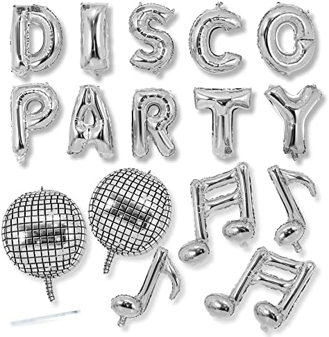 Балони на диско забава - пакет од 16 жлебови балони - издржливи и еднократно - фолија сфери, букви и белешки - Сребрен балон за украси за забави
