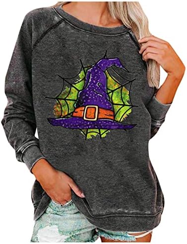Блузи За Печатење на ноќта на Вештерките за Жени Есенски Зимски Дуксер За Дишење Лабав Гроздобер Пуловер Со Џеб