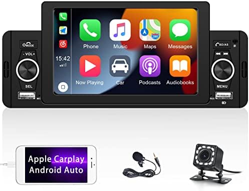 Сингл Дин автомобил стерео со 5 инчен екран на допир Bluetooth Audio Apple CarPlay & Android Auto Mirror Link FM Radio USB репродукција и полнење