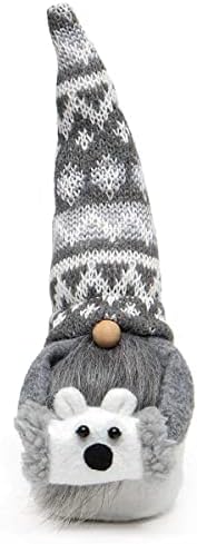 Меравиќ Поли мечка гном со капа од џемпер, дрвен нос, сива брада, Шерпа трим, раце и поларна мечка мафта мала, 8 инчи - Божиќна декорација