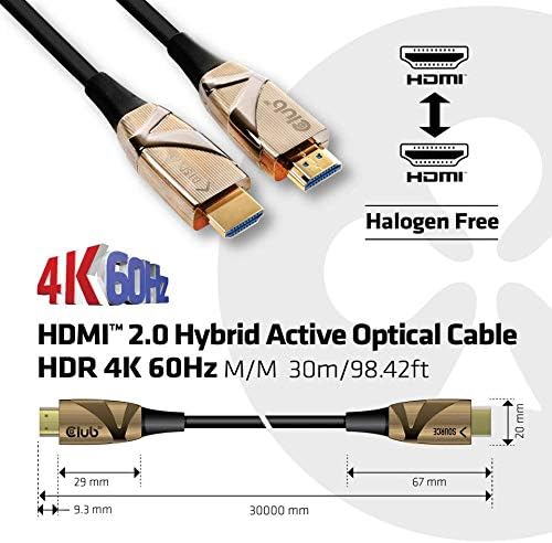 Club3d CAC -1390 HDMI 2.0 HDR хибриден активен оптички кабел - 30 метри 98,42 стапки
