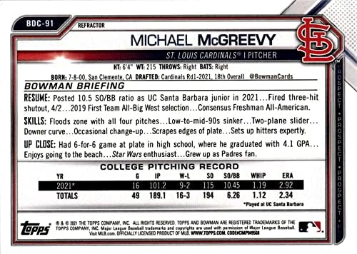 2021 Bowman Chrome Draft Refaftor BDC-91 Michael McGreevy RC Rackie St. Louis Cardinals MLB Baseball Trading Card