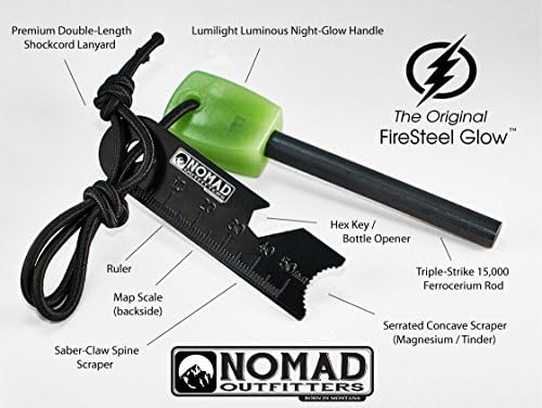 Firesteel Glow-Сјај-во-темно стартер за опстанок на пожар-15,000 штрајк Феро Род, сјајна рачка на светла, 6 во една мулти-алатка, лента