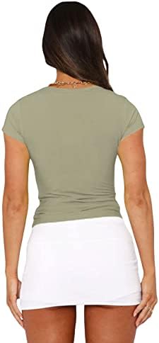Womenените y2k кратки ракави култури врвови околу вратот цврсто тенок фит маица, обична тренингот јога исечена кошула врвна кошула