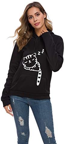 Womenените тинејџерски девојки мачка дуксер со слатка мачка уво за спиење мачка печатена џемпер за џемпер