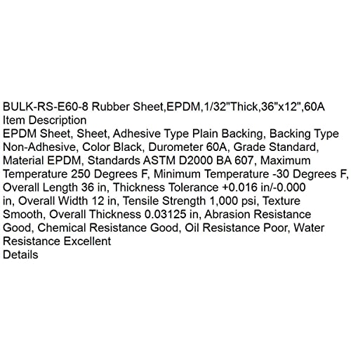 За вас-гумен лист Bulk-RS-E60-8, EPDM, 1/32 дебела, 36 x12 , 60A