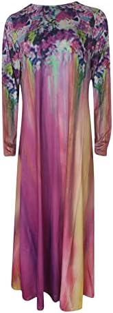 lcziwo женски цветни принт максичен фустан вратоврска боја боја блок долги фустани обични долги ракави o вратот шарен фустан