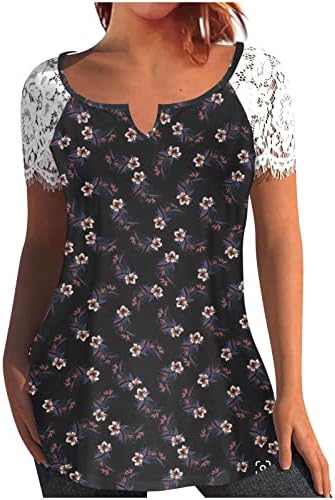 Женски врвови ја кријат стомакот туника 2023 летни чипка маици со краток ракав, симпатична проточна маичка, обични облечени блузи за хеланки