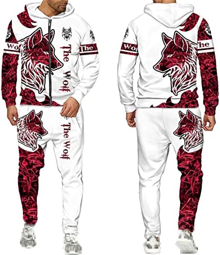 Лав Волк 3Д печатени панталони со качулки костум машки есенски зимски обични животни за траење на животни, модна машка облека