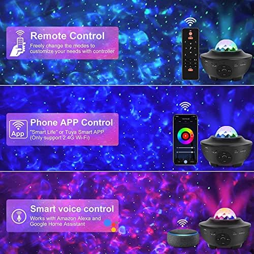 Проектор за ноќно светло на starвездите Галакси, со далечински управувач и звучник за музика со Bluetooth, гласовна контрола и тајмер, апликација