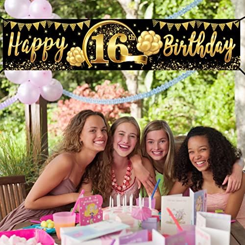 Среќен 16-Ти Роденден Банер Украси За Момчиња Девојки, 16-Ти Роденден Забава Материјали, Црно Злато 16 Роденден Декор Знак За Отворено
