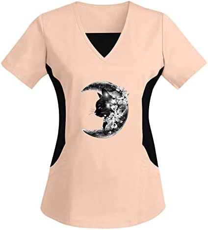 Scrubs_tops за жени печати мачка месечина со кратки ракави со кратки ракави модни женски кратки ракави за кратки ракави