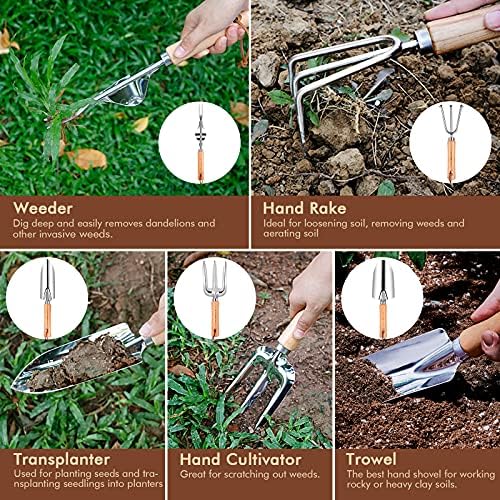 Градинарски алатки сет од 10, Јангел не'рѓосувачки челик Тешка градина за градинарски алатки, издржлива градинарска алатка поставена со дрвена